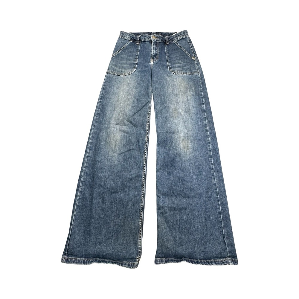 Toxik3 Jeans Women M 38 Blue Wide Leg Flare Patch Pocket High Rise‎ Distressed